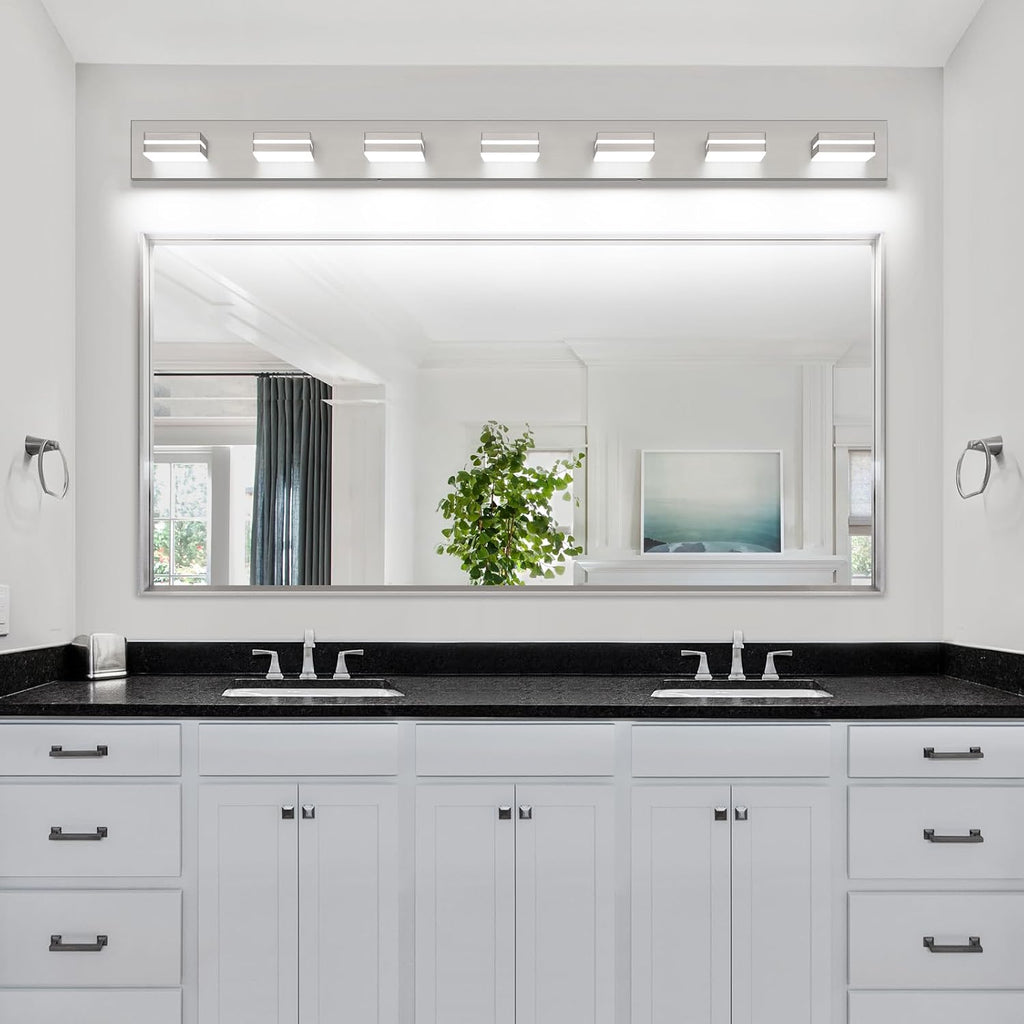 SineRise LED Modern Bathroom Vanity Light Fixtures (7-Light, 55-Inch), Brushed Nickel Modern Acrylic Bathroom Wall Lighting Fixtures Over Mirror (Cool White 6000K)