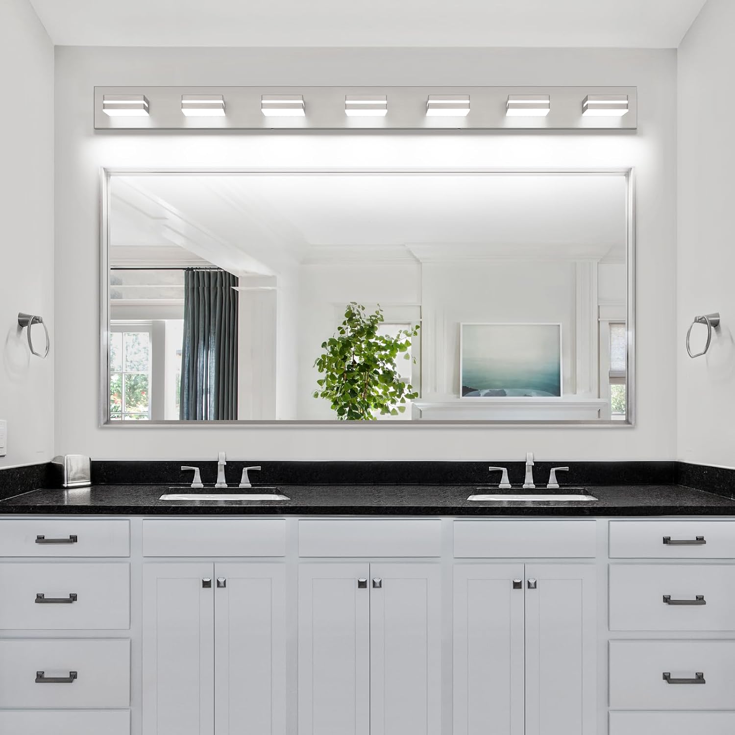 SineRise LED Modern Bathroom Vanity Light Fixtures (7-Light, 55-Inch), Brushed Nickel Modern Acrylic Bathroom Wall Lighting Fixtures Over Mirror (Cool White 6000K)