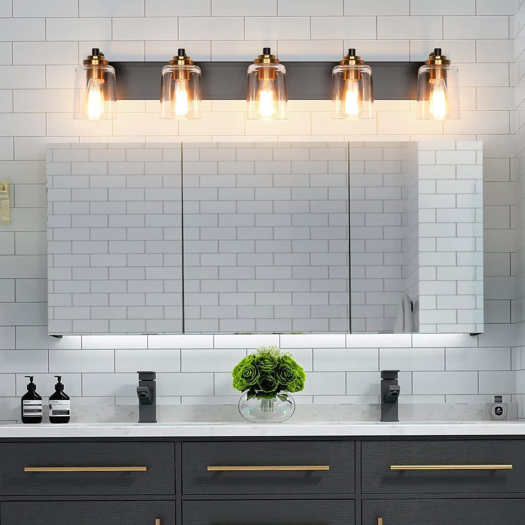 SOLFART 5 Lights Vintage Vanity Lighting Over Mirror Brass Bathroom Vanity Light Fixtures Thick Globes 8580 Lights