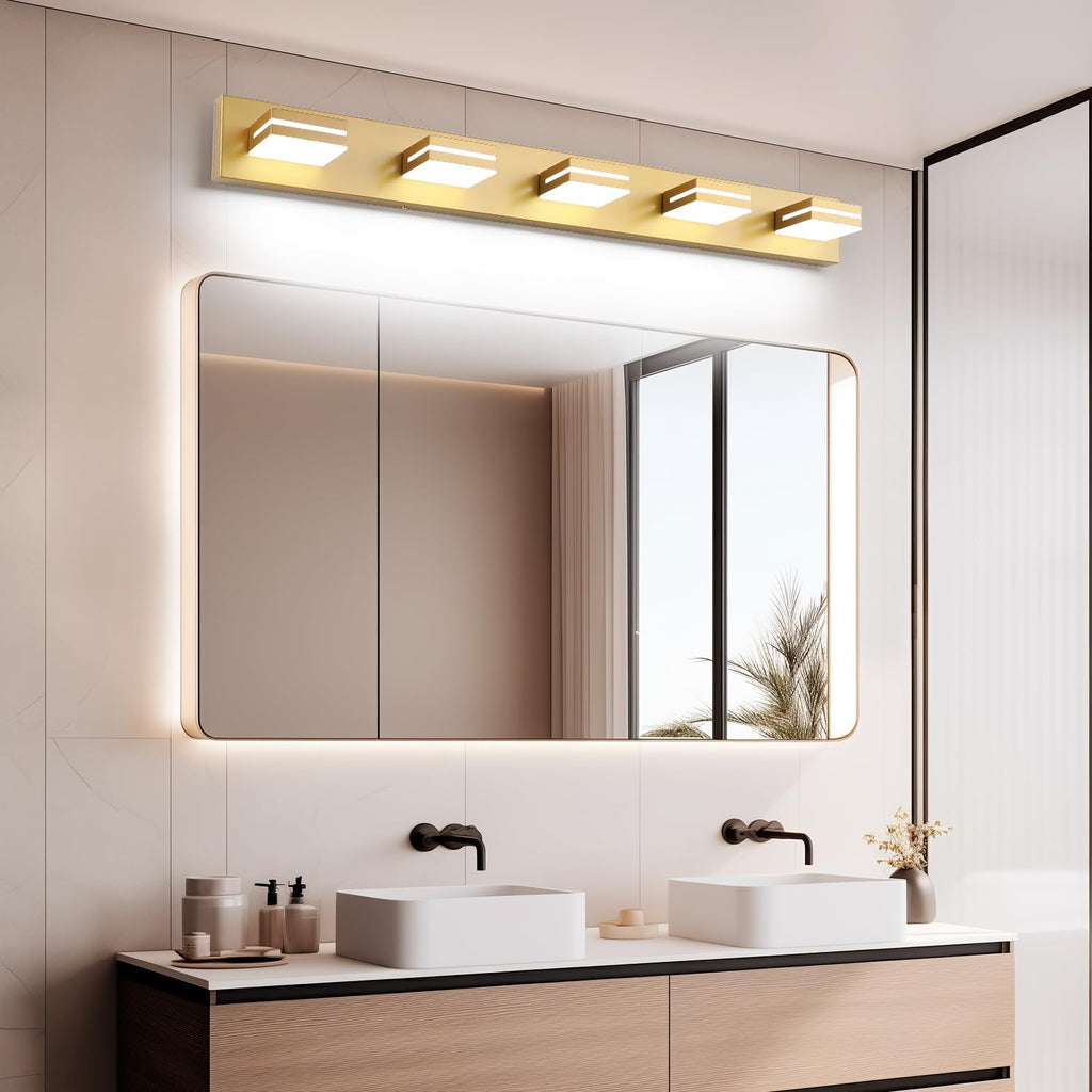 SineRise LED Modern Bathroom Vanity Light Fixtures (5-Light, 40-Inch, Dimmable), Matte Gold Modern Acrylic Bathroom Wall Lighting Fixtures Over Mirror (Cool White 6000K)
