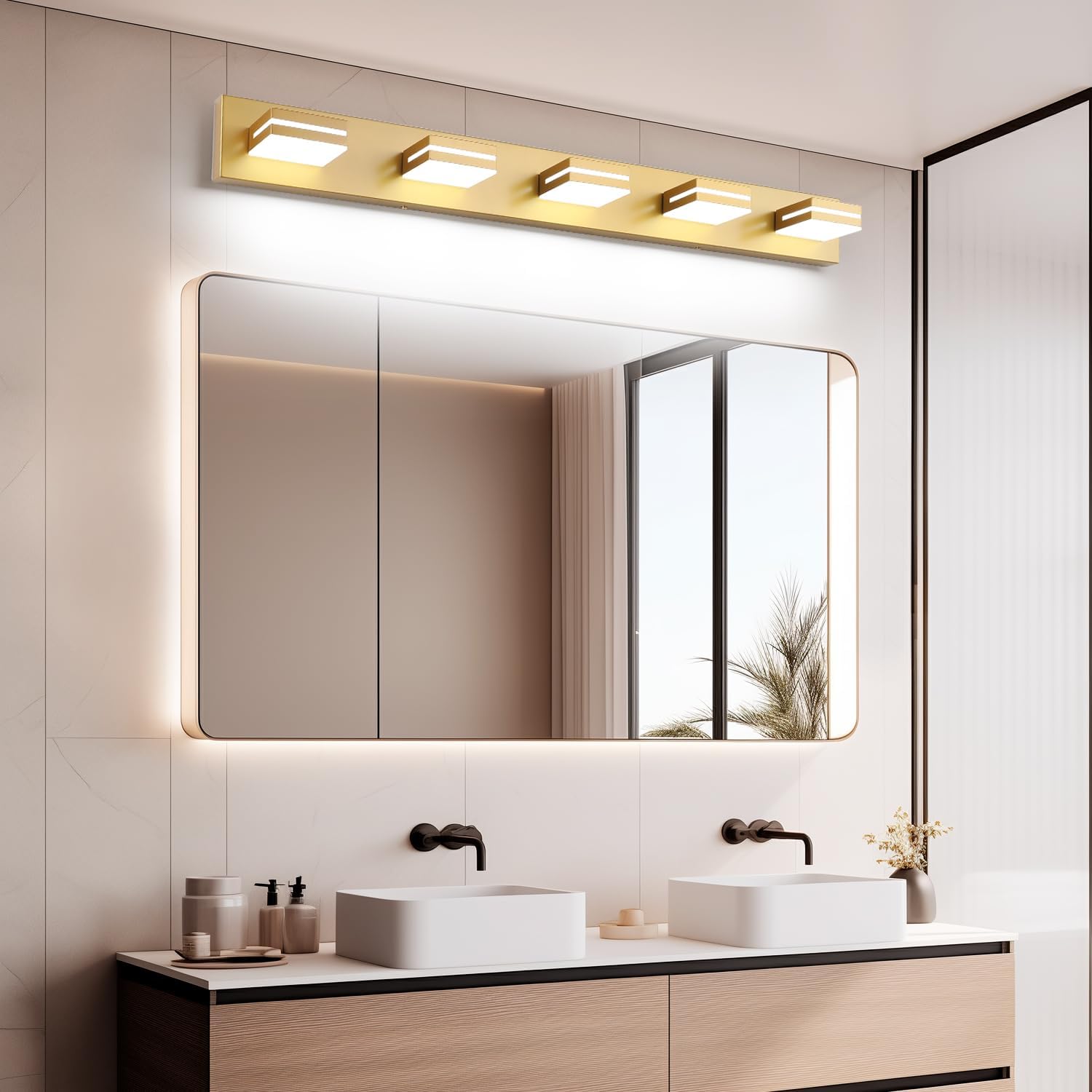 SineRise LED Modern Bathroom Vanity Light Fixtures (5-Light, 40-Inch, Dimmable), Matte Gold Modern Acrylic Bathroom Wall Lighting Fixtures Over Mirror (Cool White 6000K)