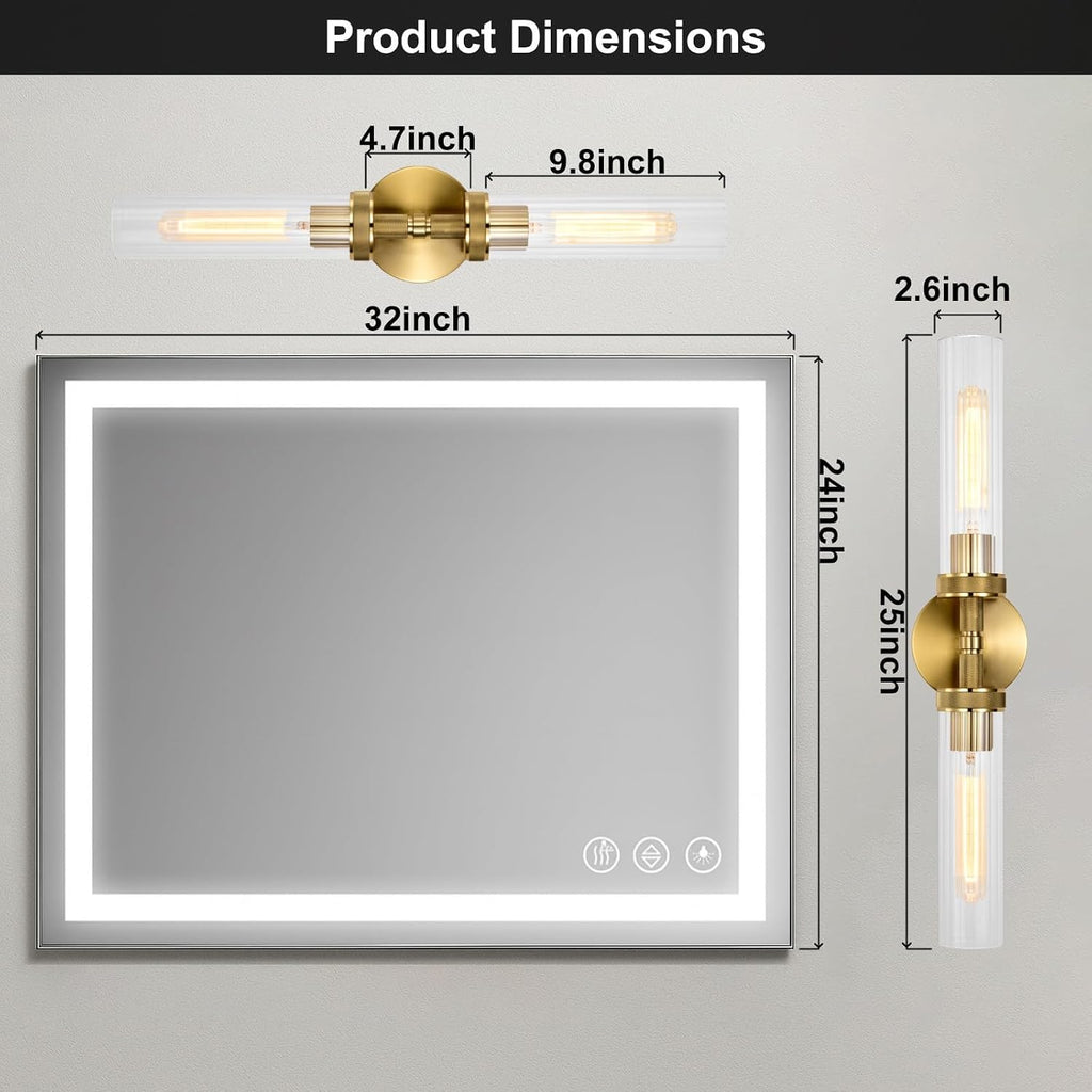 LaLuLa 2-Light Gold Bathroom Vanity Light Fixtures 2-Pack – Hardwired Wall Sconces with Rippled Glass Shades and Textured Metal Frame, Modern Vanity Lighting for Mirror, Bedroom, or Hallway, 25'