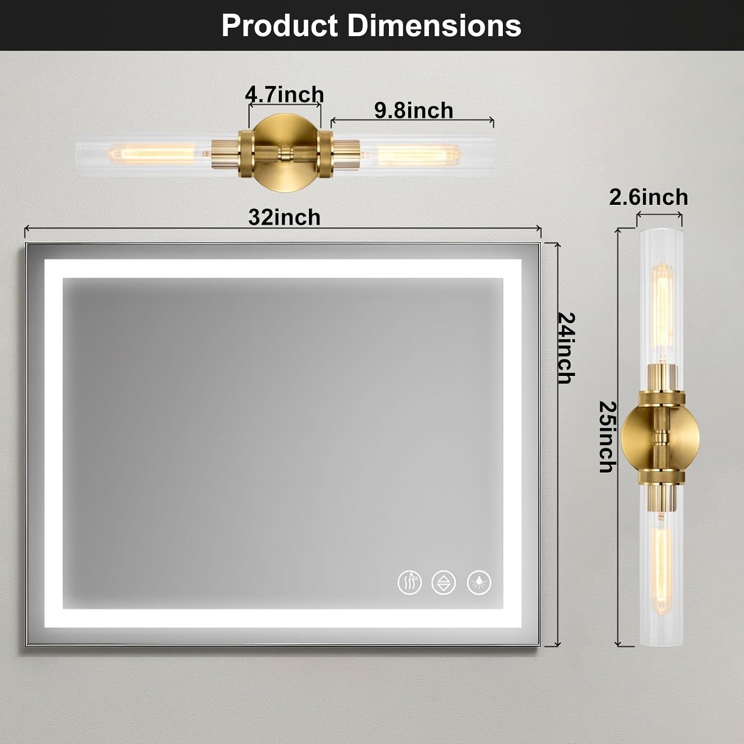 LaLuLa 2-Light Gold Bathroom Vanity Light Fixtures 2-Pack – Hardwired Wall Sconces with Rippled Glass Shades and Textured Metal Frame, Modern Vanity Lighting for Mirror, Bedroom, or Hallway, 25'