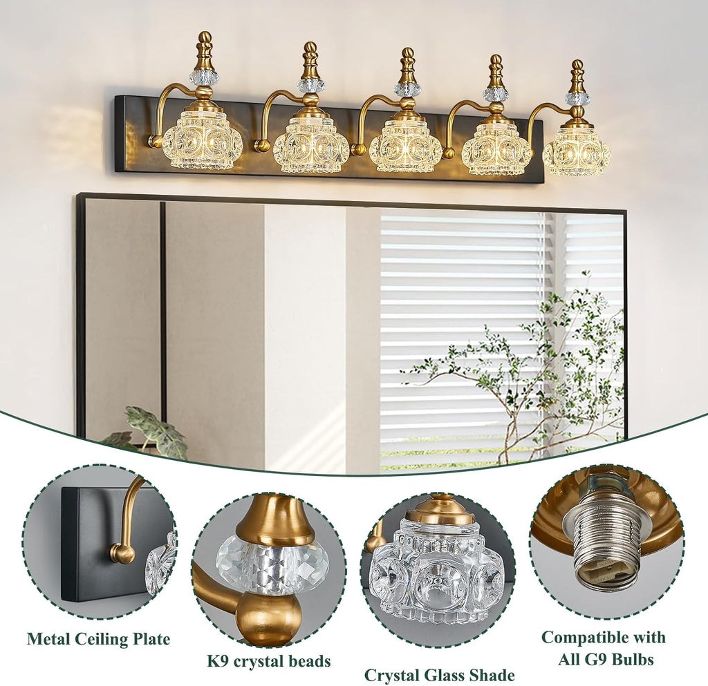 Modern Glass Crystal Vanity Light - Vintage Bathroom Lighting Fixtures Over Mirror, 5 Light Vanity Lights G9 Bulb (35.43 Inch, Black Gold)
