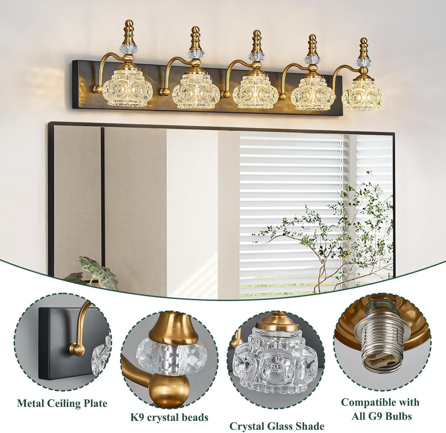 Modern Glass Crystal Vanity Light - Vintage Bathroom Lighting Fixtures Over Mirror, 5 Light Vanity Lights G9 Bulb (35.43 Inch, Black Gold)