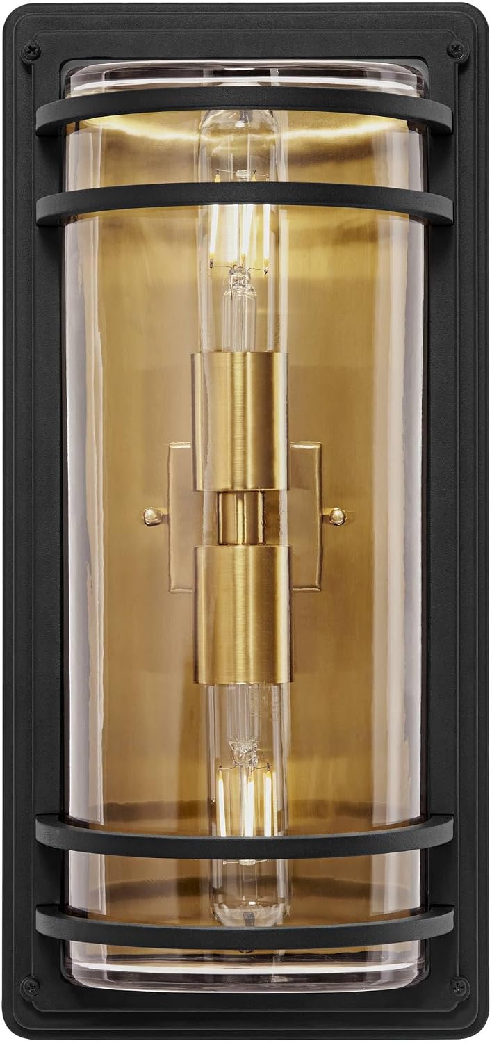 John Timberland Habitat Modern Industrial Wall Light Sconces Set of 2 Black Warm Brass Hardwire 7 1/2' Fixture Clear Glass Shade for Bedroom Bathroom Bedside Vanity Living Room Home Hallway
