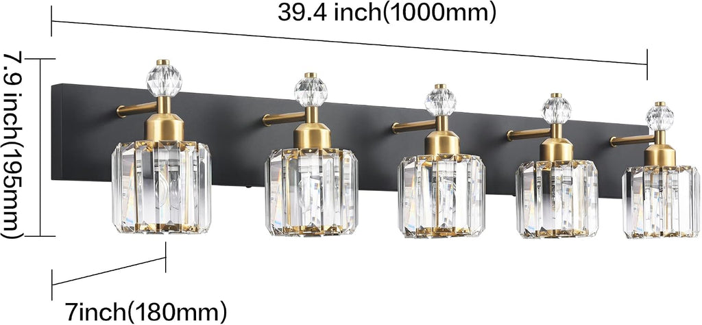 PRESDE 5-Light Crystal Bathroom Vanity Light, Modern Black and Gold Wall Sconce ， Wall Lamp for Over Mirror Bedroom Hallway