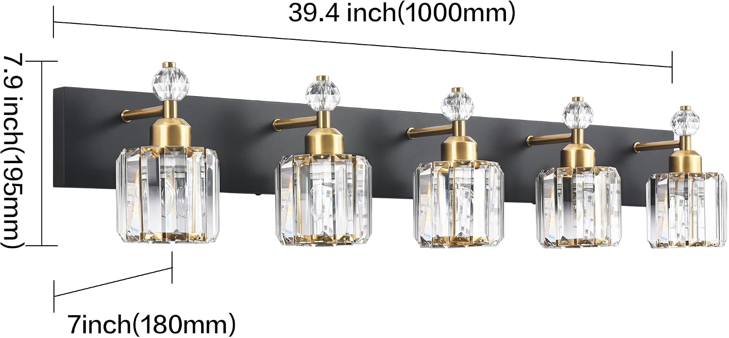 PRESDE 5-Light Crystal Bathroom Vanity Light, Modern Black and Gold Wall Sconce ， Wall Lamp for Over Mirror Bedroom Hallway