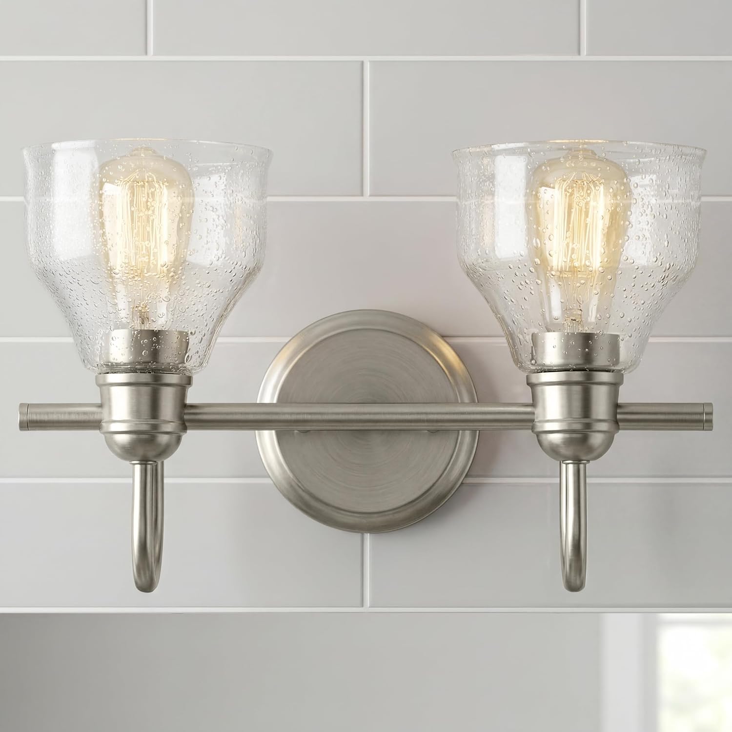 Kichler Avery 14.75' 2 Light Bathroom Vanity Light in Brushed Nickel, Vintage Bathroom Wall Mount Fixture with Clear Seeded Glass, (14.75' W x 9.25' H), 45972NI