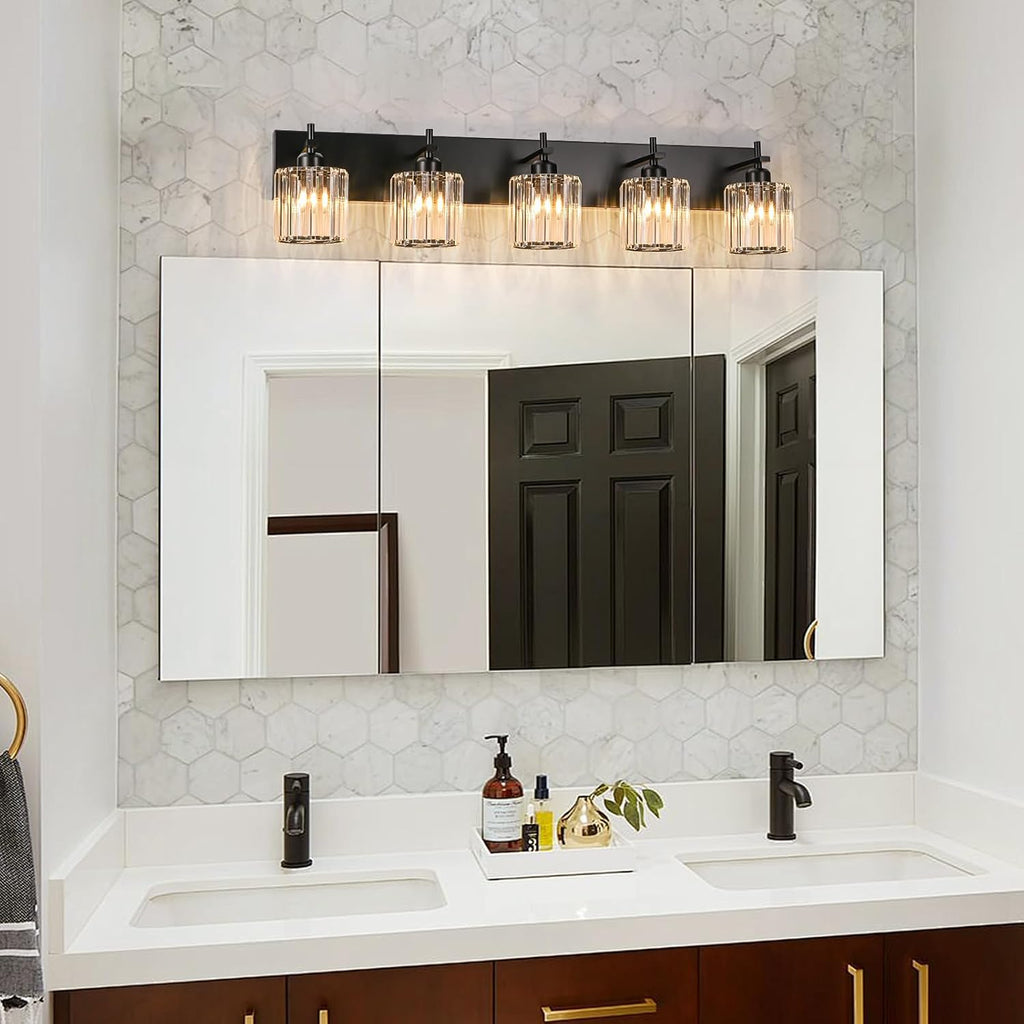 Black Crystal Bathroom Vanity Lights, Modern 5-Lights Bathroom Lighting Fixtures Over Mirror, Crystal Wall Lighting with Round Shade