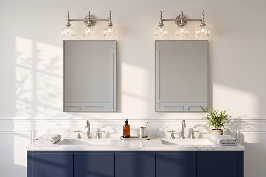 ANDY STAR 3-Light Brushed Nickel Bathroom Vanity Light, Transitional Sconce | Ribbed Glass & Crystal Accent, Damp-Resistant, Ceramic E12 Base, Reversible Up/Down Mounting