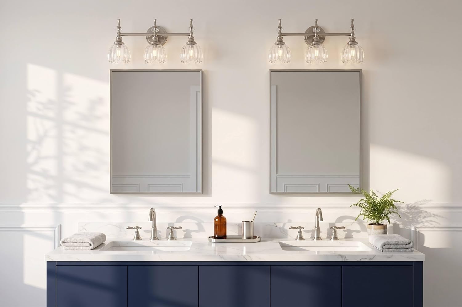 ANDY STAR 3-Light Brushed Nickel Bathroom Vanity Light, Transitional Sconce | Ribbed Glass & Crystal Accent, Damp-Resistant, Ceramic E12 Base, Reversible Up/Down Mounting