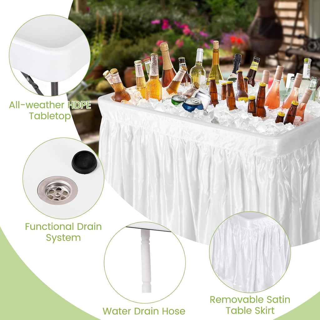 Giantex 4 FT Folding Ice Cooler Table with Drain & Bucket, Removable Skirt, No Assembly, Portable Fill and Chill Table for Food Drink Beverage, Foldable Party Ice Bin for Camping BBQ, White