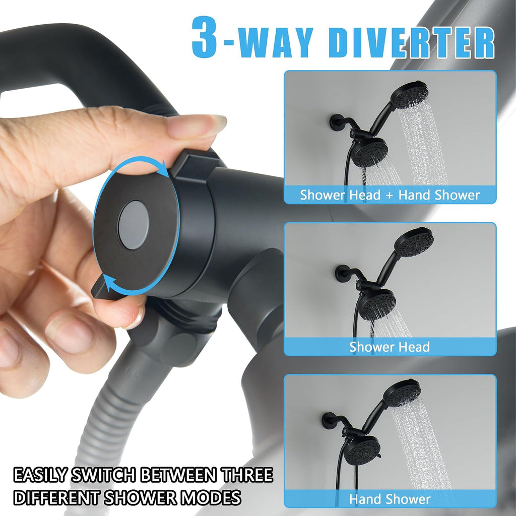 3 Handle Tub Shower Faucet Matte Black Bathtub Shower Faucet Set with Tub Spout, 3 Knob Shower Tub Faucet Set, Wall Mount