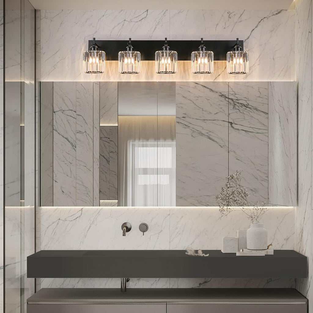 Black Crystal Bathroom Vanity Lights, Modern 5-Lights Bathroom Lighting Fixtures Over Mirror, Crystal Wall Lighting with Round Shade