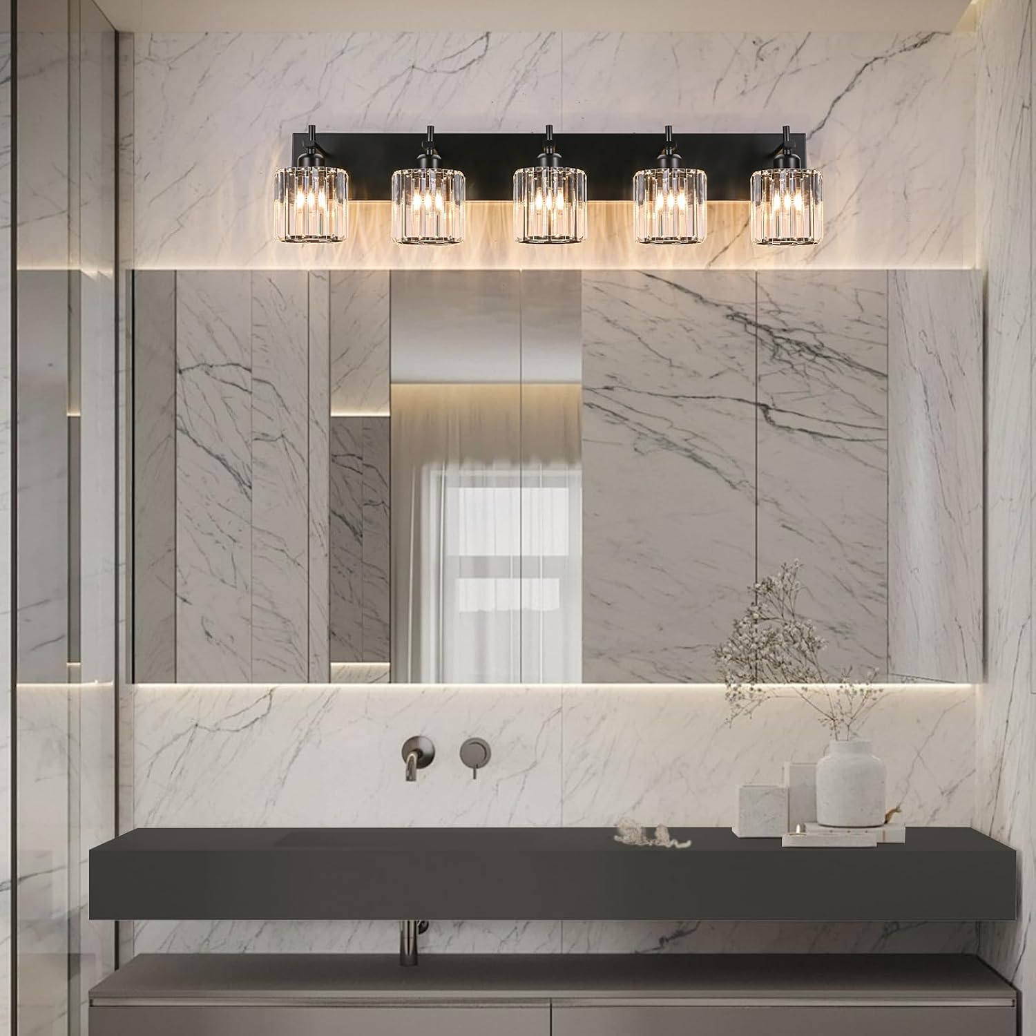 Black Crystal Bathroom Vanity Lights, Modern 5-Lights Bathroom Lighting Fixtures Over Mirror, Crystal Wall Lighting with Round Shade