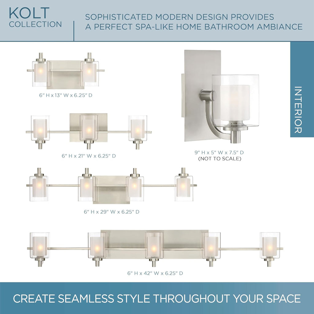 Quoizel Kolt Modern Vanity Lights, 4-Light, 29 Inch Brushed Nickel Bathroom Lighting Fixtures Over Mirror, Sandblasted Inner Glass, 50 W LED Bulb, Wall Mount Light for Bathrooms, Kitchen or Hallway