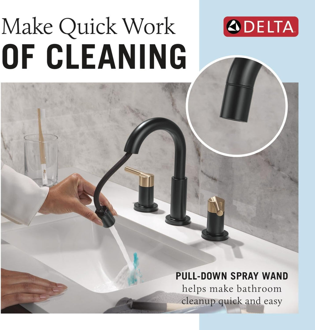 Delta Nicoli Matte Black/Brushed Gold Bathroom Faucet with Sprayer, 8 Inch 3 Hole Widespread Bathroom Sink Faucet with Pull Out Sprayer, Push-Pop Drain, Matte Black/Champagne Bronze 35749LF-GZPD