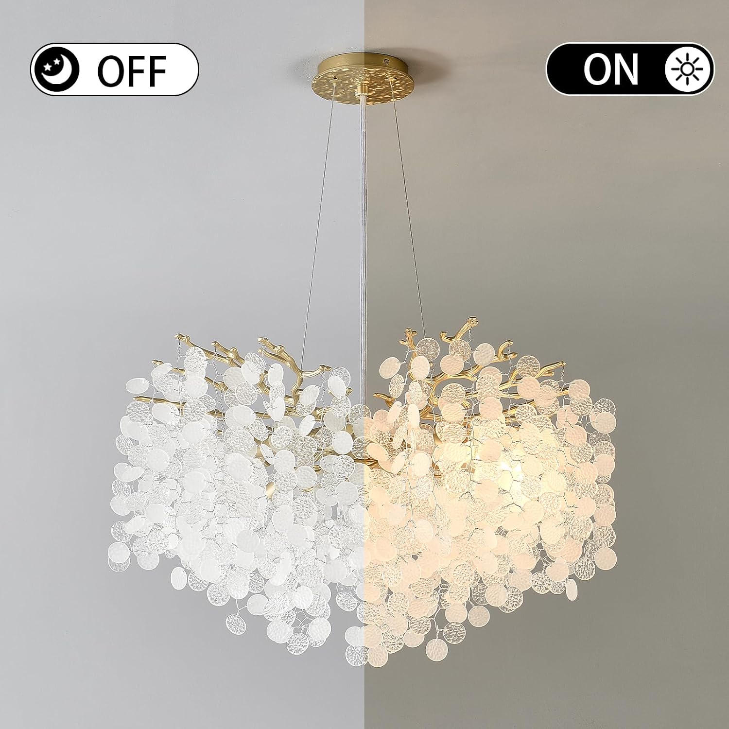 24-Inch Capiz Shell Chandelier, 8-Light Gold Coastal Chandelier, Modern Crystal Tree Branch Chandeliers, Boho Light Fixture for Bedroom, Living Room, Foyer, Entryway, Stairwell