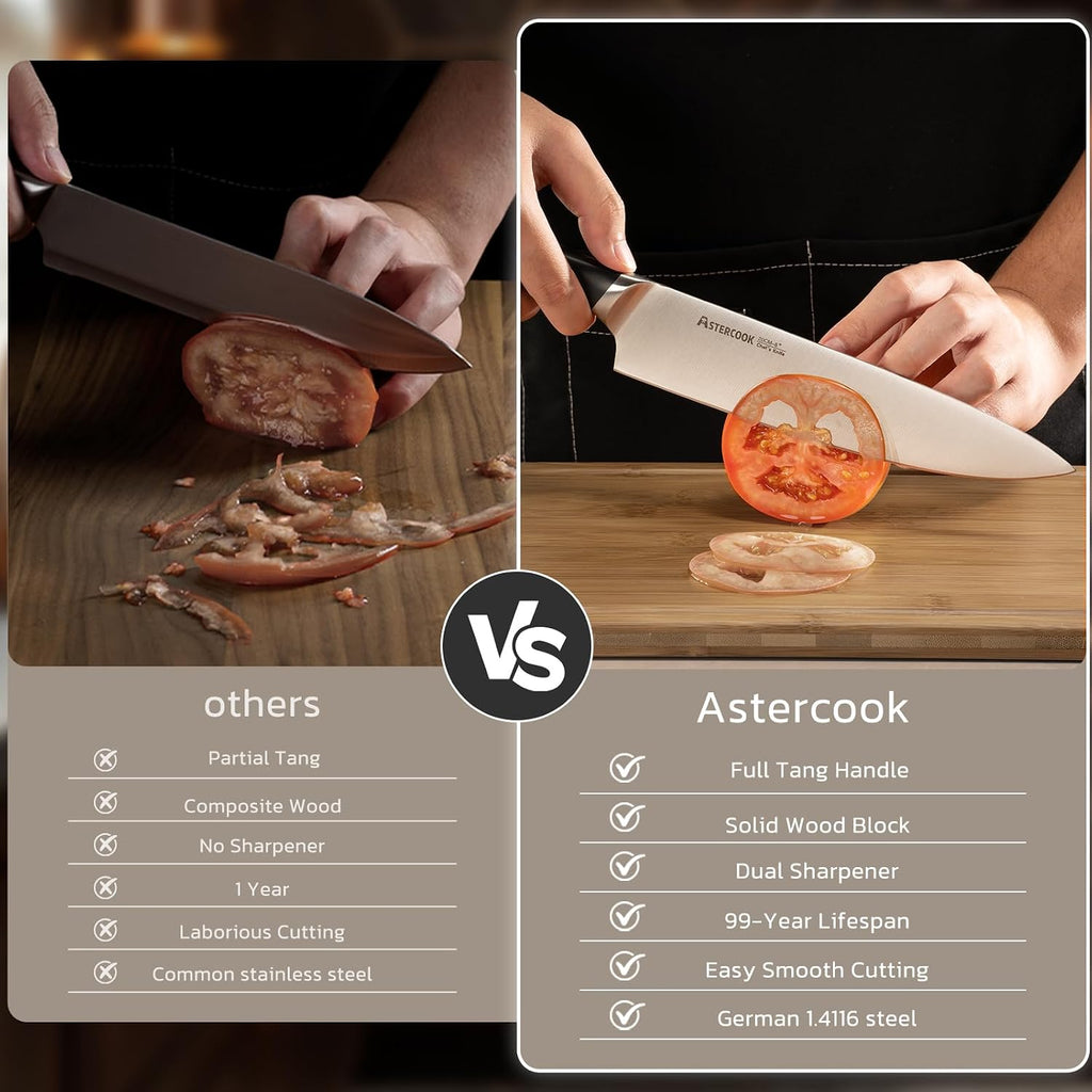 Astercook Knife Set, Kitchen Knives Set with Block and Sharpener Full Tang 17 Pcs German Stainless Steel Knives Sharp Blade Dishwasher Safe Premium Knife Set, Black Father Day Gifts for Men