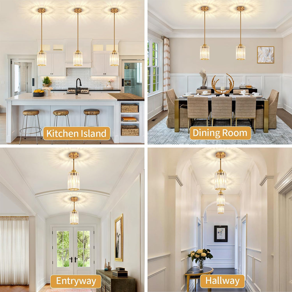 3 Pack Brushed Gold Pendant Lights Kitchen Island, Modern Crystal Pendant Lighting Over Island Kitchen Light Fixtures Hallway Ceiling Lights Adjustable Hanging Pendant Light for Bathroom Foyer