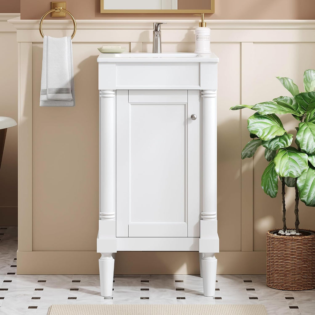 Virubi 18 Inch Bathroom Vanity with Sink, Small Bathroom Vanity for Powder Room, Adjustable Shelf and Soft-Close Door, Solid Wood Frame Bathroom Storage Cabinet(White)