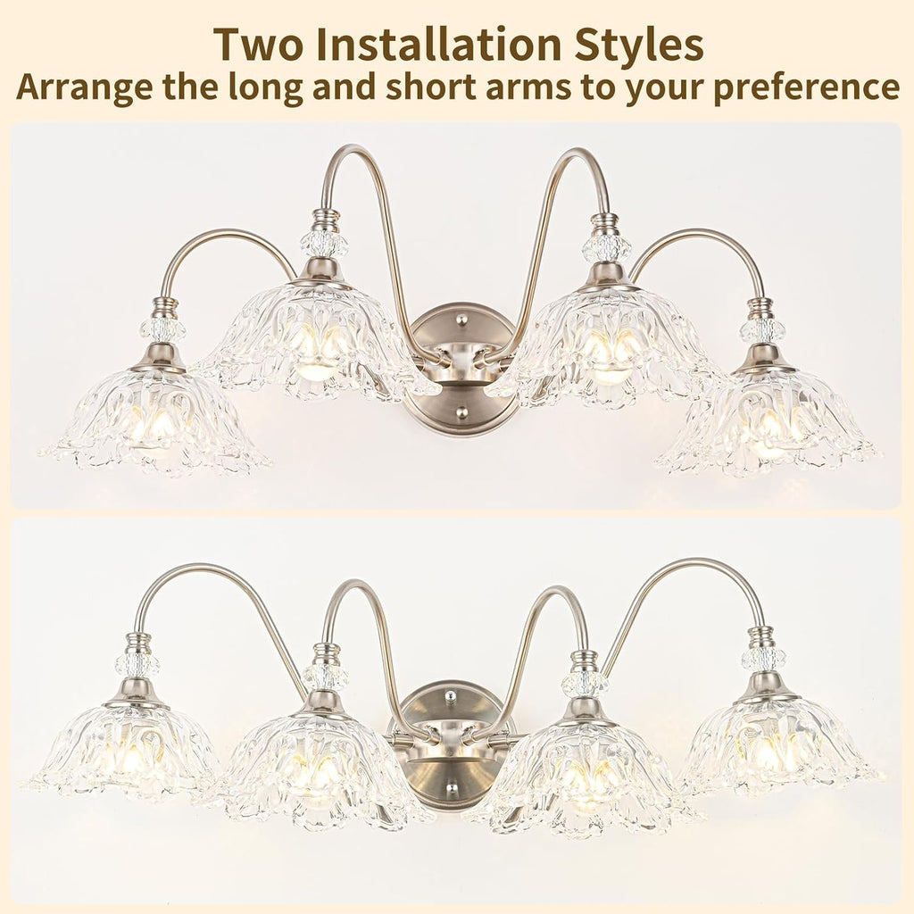 Brushed Nickel Bathroom Vanity Light, 4-Light Vanity Light with Floral Clear Glass Shades, Brushed Nickel Wall Mount Lighting for Bathroom, Dressing Table