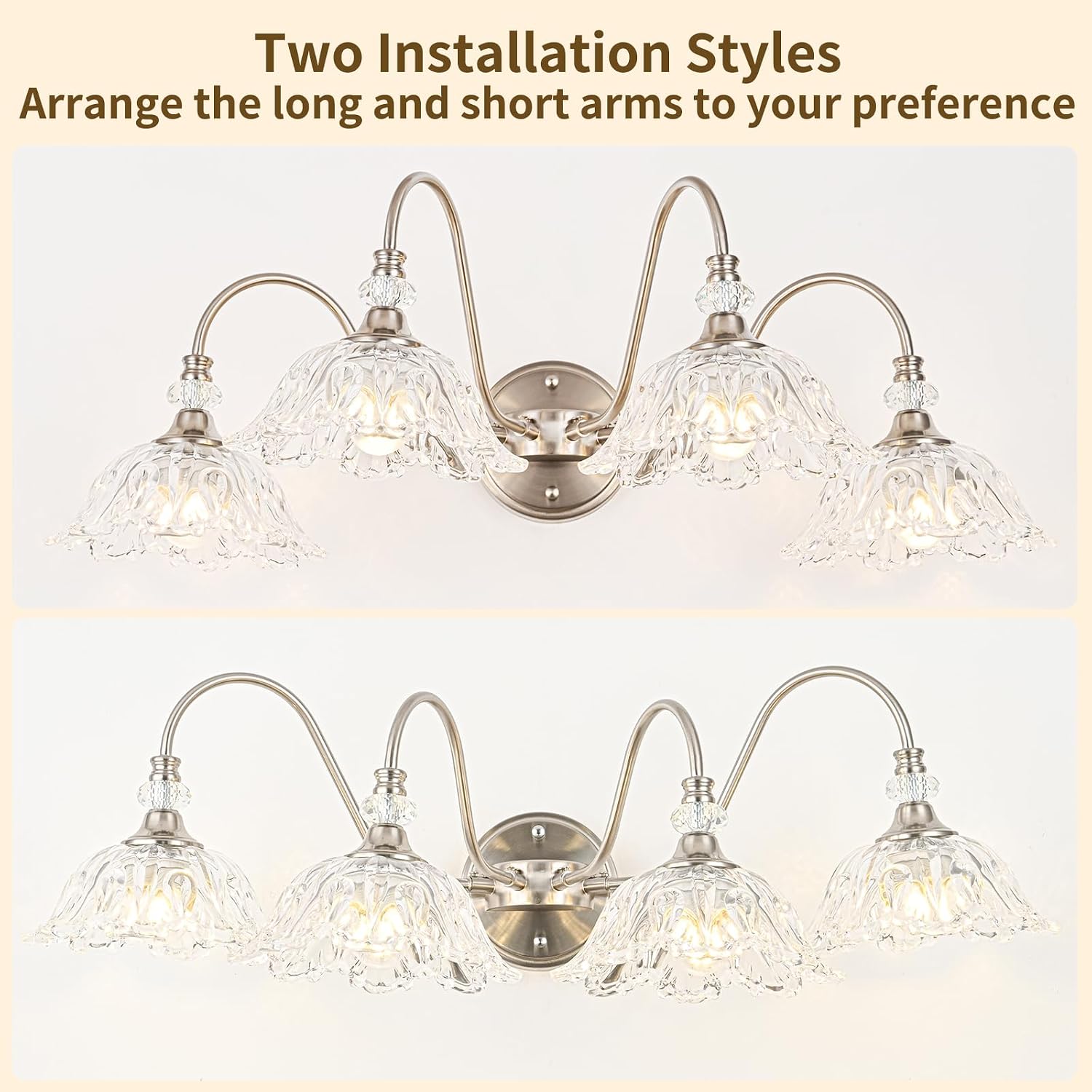 Brushed Nickel Bathroom Vanity Light, 4-Light Vanity Light with Floral Clear Glass Shades, Brushed Nickel Wall Mount Lighting for Bathroom, Dressing Table