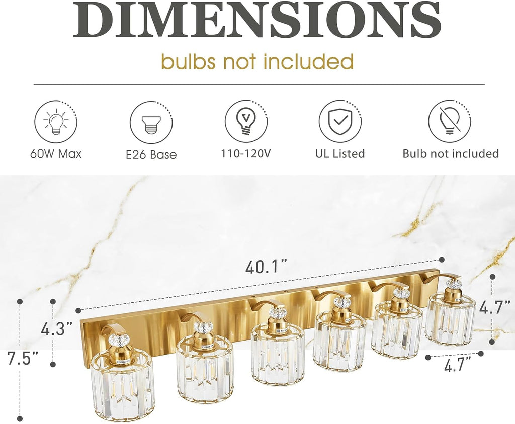 6-Lights Brushed Brass Bathroom Light Fixture Gold Vanity Lights Modern Crystal Bathroom Vanity Lighting Over Mirror Wall Sconce with K9 Crystal Shade E26 Base for Living Room, Bedroom Wall Lamp
