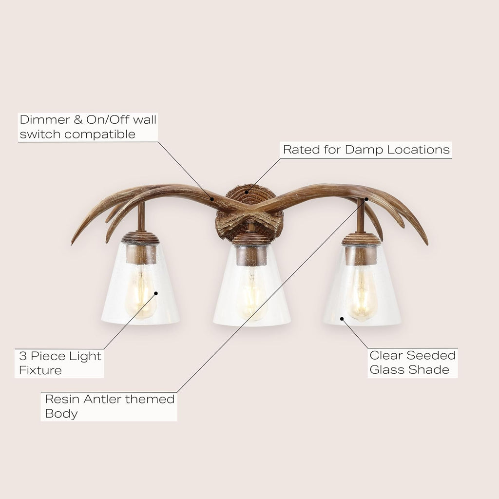 JONATHAN Y 25.5' Brown Wood Finish 3-Light Resin Faux Antler LED Vanity Light, Southwestern Bohemian Wall Sconce with Seeded Glass Shades, UL Listed, LED Bulbs Included JYL6309A