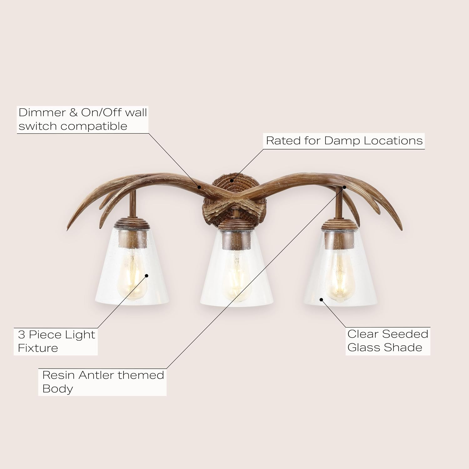 JONATHAN Y 25.5' Brown Wood Finish 3-Light Resin Faux Antler LED Vanity Light, Southwestern Bohemian Wall Sconce with Seeded Glass Shades, UL Listed, LED Bulbs Included JYL6309A