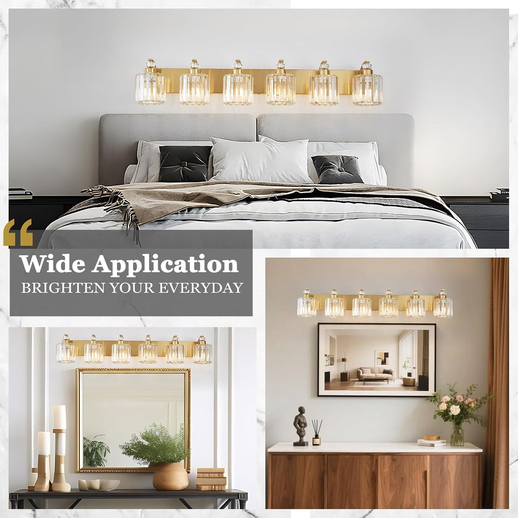 6-Lights Brushed Brass Bathroom Light Fixture Gold Vanity Lights Modern Crystal Bathroom Vanity Lighting Over Mirror Wall Sconce with K9 Crystal Shade E26 Base for Living Room, Bedroom Wall Lamp