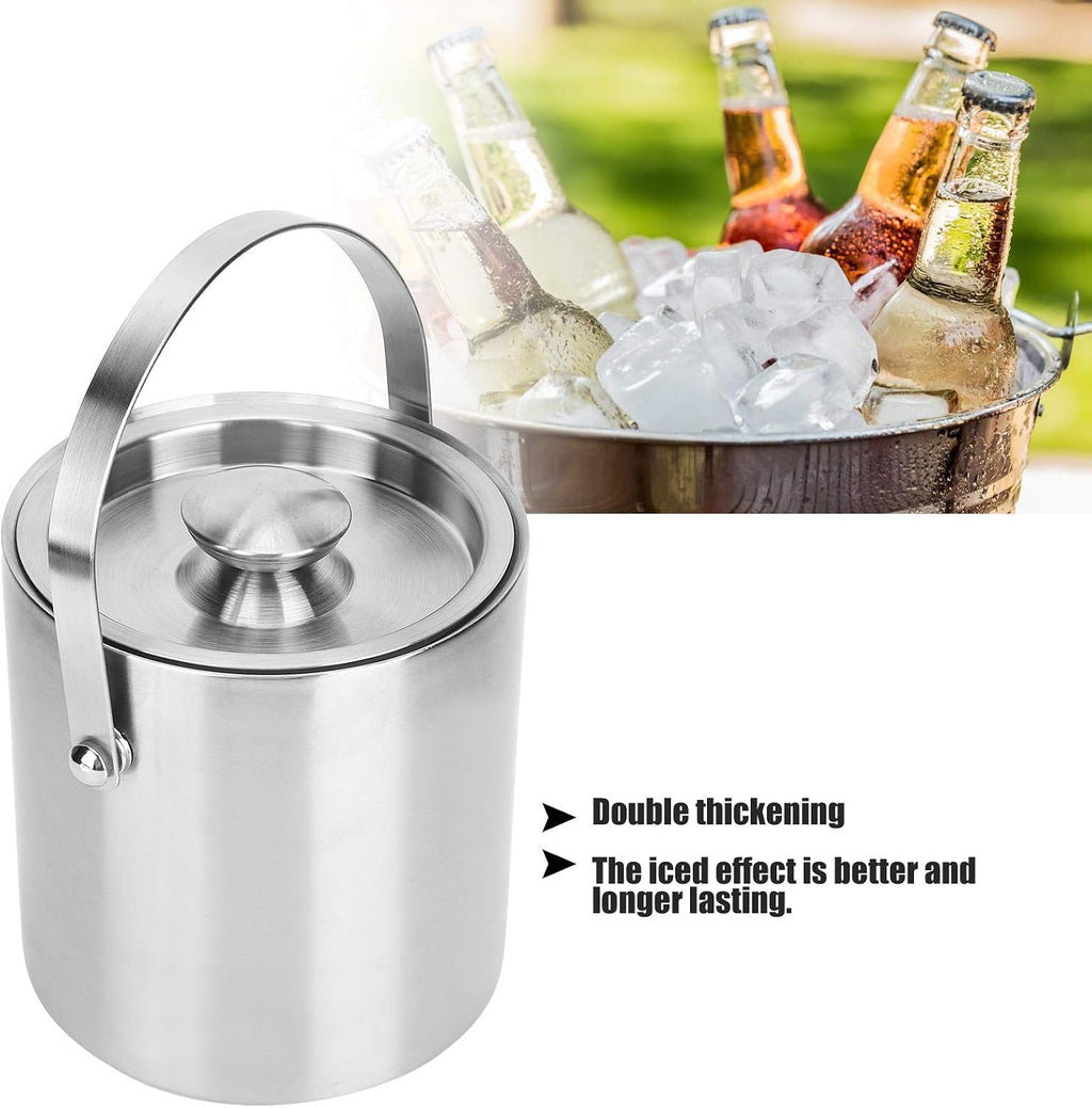 ice Bucket,Bucket with lid, Ice Buckets for Parties Stainless Steel Bucket, Insulated with Lid, with Lid Stainless Steel Double Layer Champagne Barrel Bar Supplies 2L