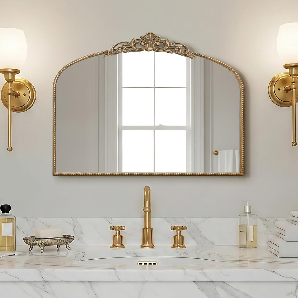 Micasso Vintage Wall Gold Mirror: 32'x24' French Baroque Antique Mirror - Traditional Ornate Decorative Arched for Wall/Bathroom/Entryway/Fireplace/Hallway - Home Decor for Living Room