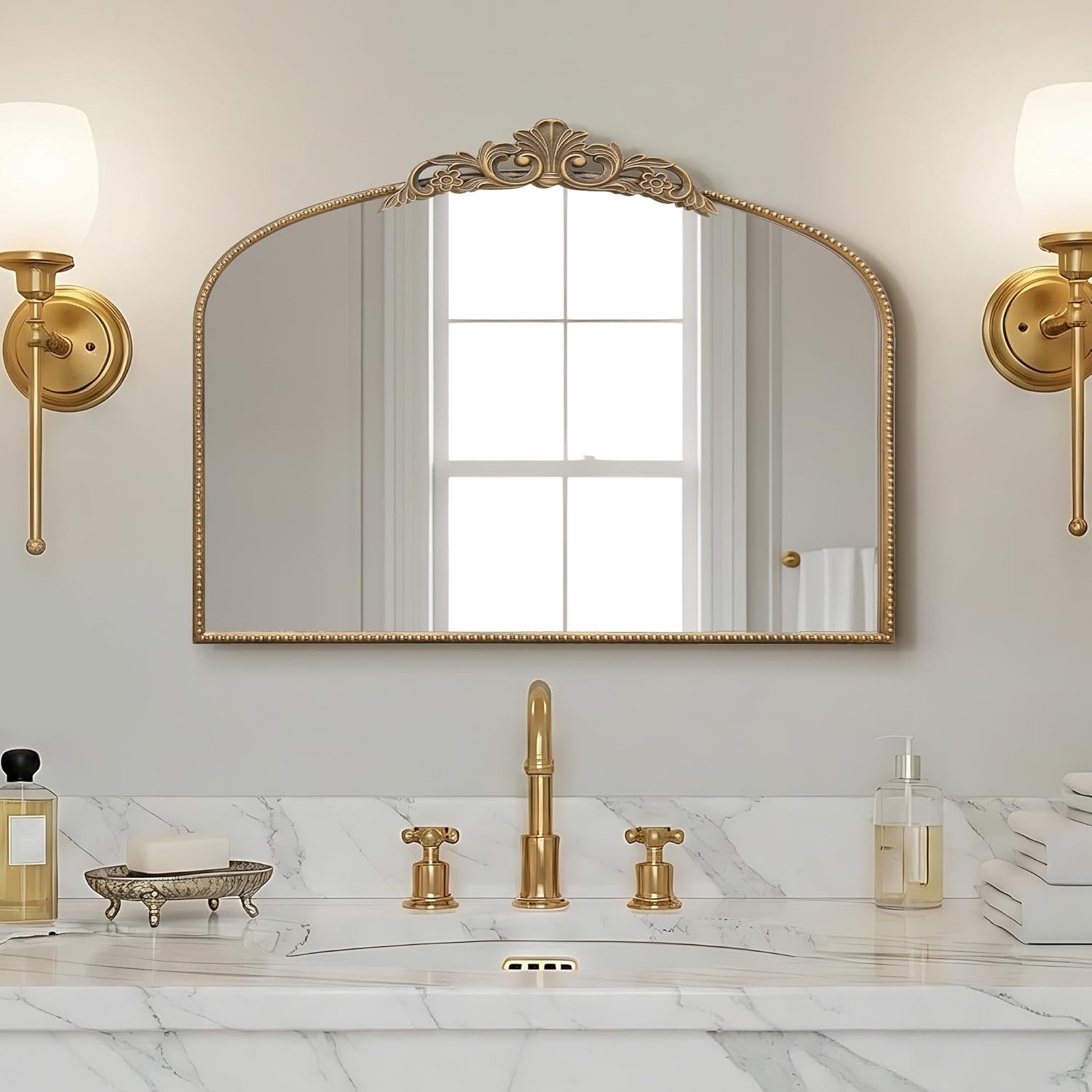 Micasso Vintage Wall Gold Mirror: 32'x24' French Baroque Antique Mirror - Traditional Ornate Decorative Arched for Wall/Bathroom/Entryway/Fireplace/Hallway - Home Decor for Living Room