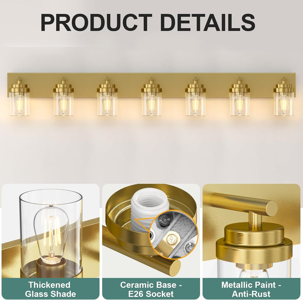 IZORRO Bathroom Vanity Light Fixture, 7-Light 52 inch Gold Bathroom Light Fixtures Over Mirror, with Clear Glass Shade, Modern Farmhouse Vanity Lights, Rustic Restroom Lighting Fixtures