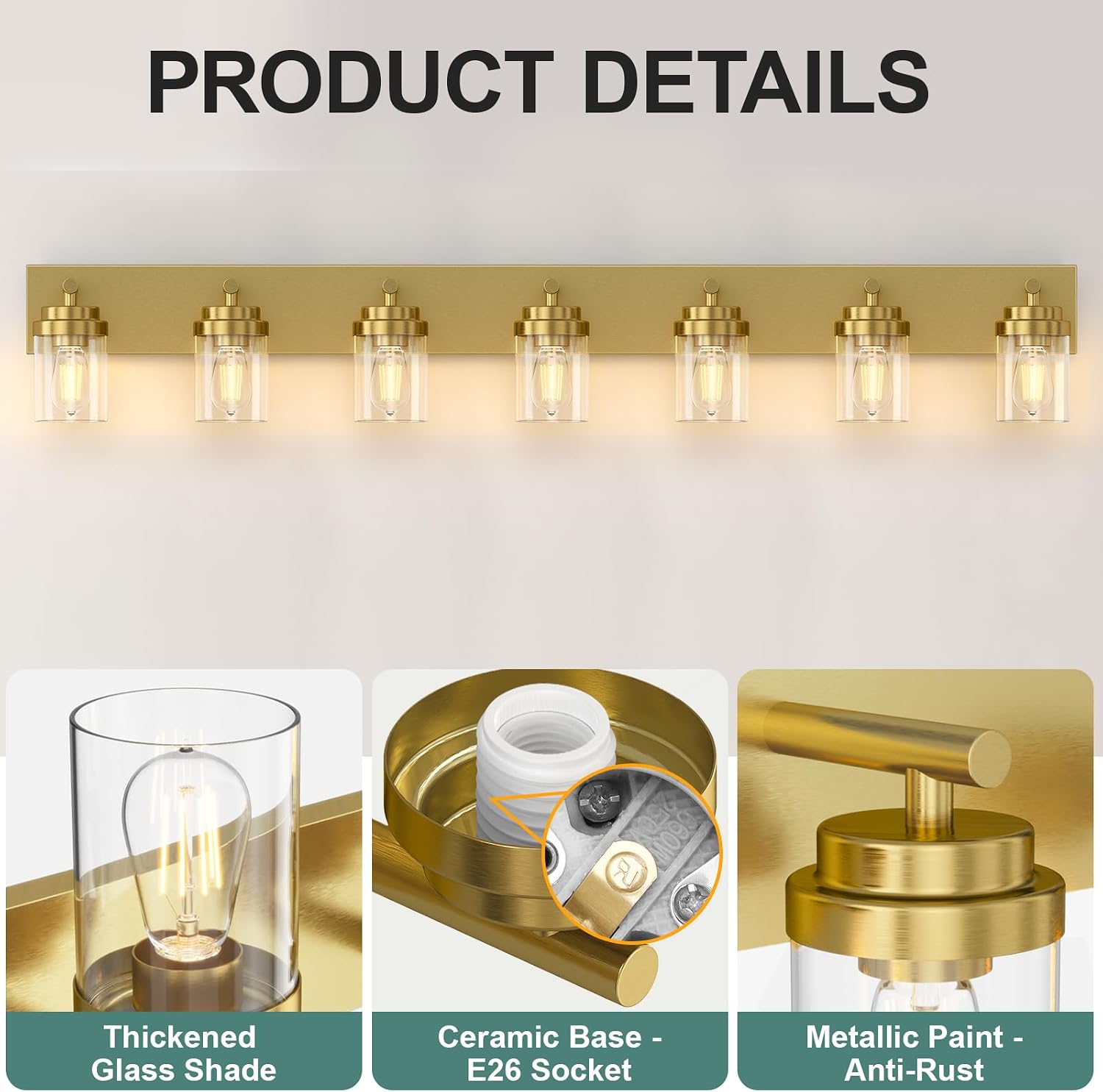 IZORRO Bathroom Vanity Light Fixture, 7-Light 52 inch Gold Bathroom Light Fixtures Over Mirror, with Clear Glass Shade, Modern Farmhouse Vanity Lights, Rustic Restroom Lighting Fixtures