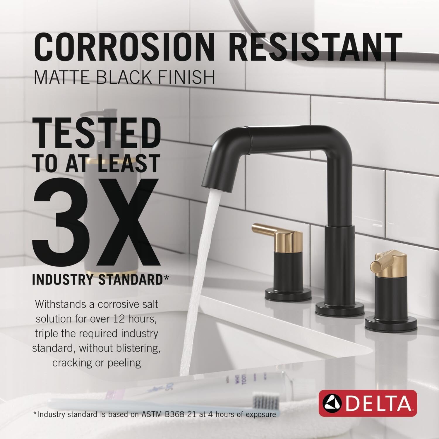 Delta Nicoli Matte Black/Brushed Gold Bathroom Faucet with Sprayer, 8 Inch 3 Hole Widespread Bathroom Sink Faucet with Pull Out Sprayer, Push-Pop Drain, Matte Black/Champagne Bronze 35849LF-GZPD