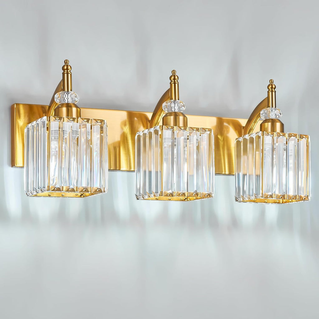 Modern Bathroom Vanity Light 3-Light Gold Crystal Light Fixtures Over Mirror for Bathroom Wall Sconce