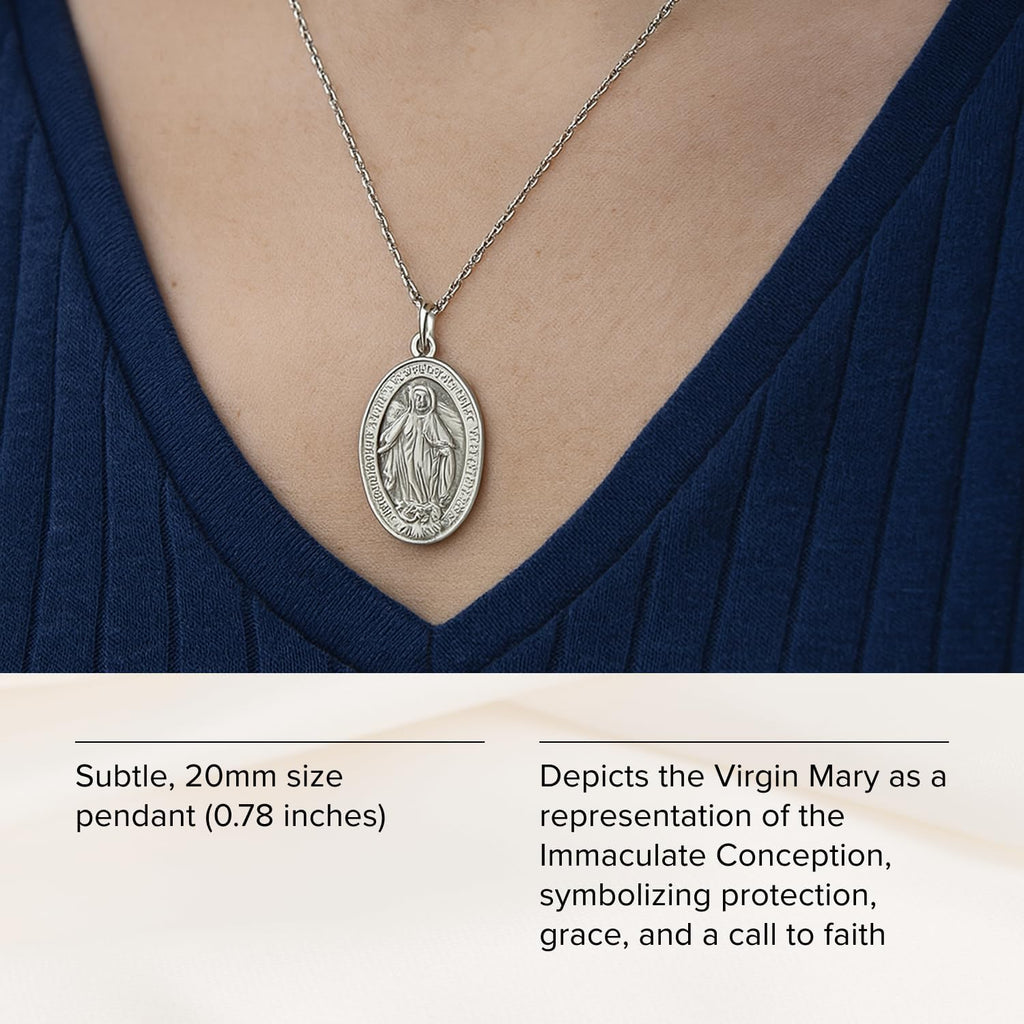 RP 925 Sterling Silver Miraculous Medal Necklace for Women & Men, Authentic & Pure Silver Pendant with 18 inch 925 Sterling Sliver Curb Chain & Premium Jewelry Box, Stunning Miraculous Medal Virgin Mary Pendant Necklace