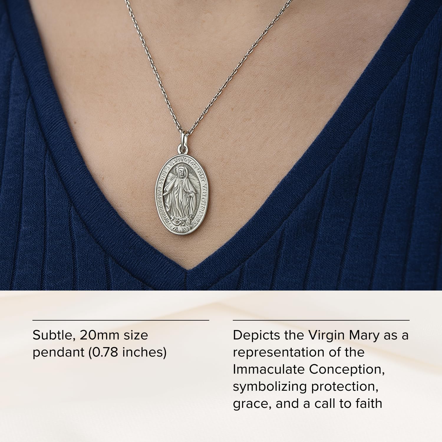 RP 925 Sterling Silver Miraculous Medal Necklace for Women & Men, Authentic & Pure Silver Pendant with 18 inch 925 Sterling Sliver Curb Chain & Premium Jewelry Box, Stunning Miraculous Medal Virgin Mary Pendant Necklace