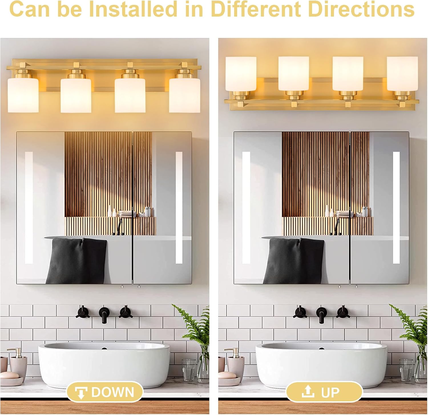 Modern Bathroom Light Fixtures Over Mirror, Vanity Lights for Bathroom Wall Sconces with Milky White Glass Shades, E26 Socket (Bulbs Not Included), 4 Light, Brass