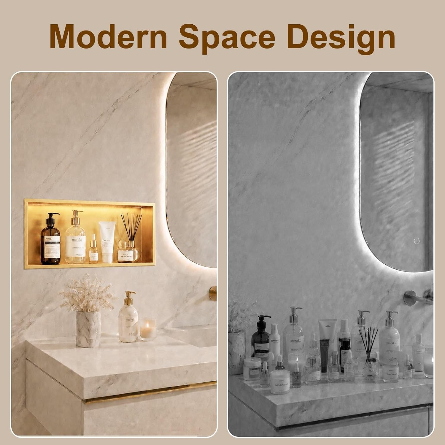 SaniteModar Shower Niche, Stainless Steel Shower Niche No Tile Needed, Recessed for Bathroom Storage (Brushed Gold, 16' x 28')