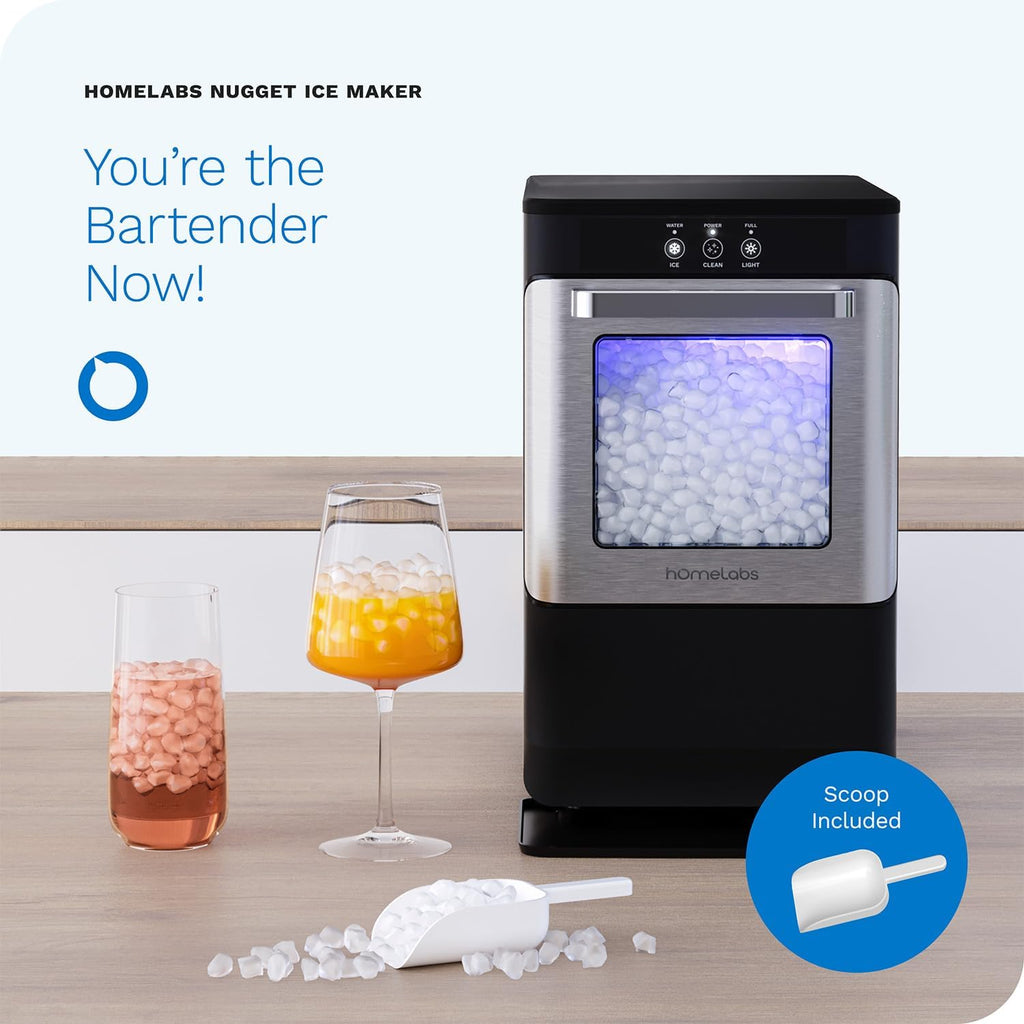 hOmeLabs Countertop Nugget Ice Maker - Stainless Steel with Touch Screen - Portable and Compact - Chewable Nugget Ice Machine - Produces Up to 44lb of Ice Per Day