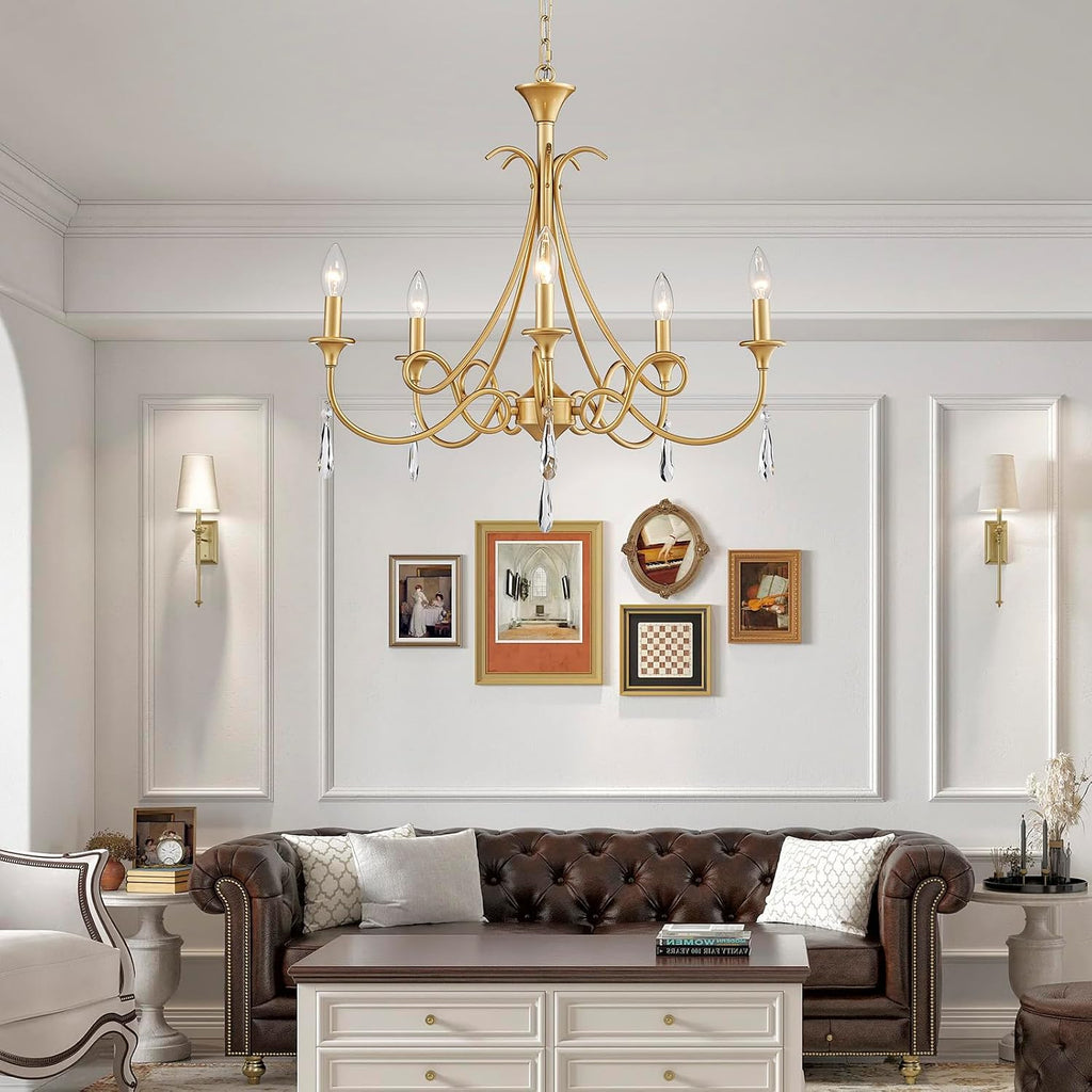 5-Light Farmhouse Chandeliers for Dining Room Lighting Fixtures Hanging, Rustic Gold Candle Modern Chandelier Vintage Hanging Ceiling Lamp for Bedroom Kitchen Island Living Room Entryway Foyer, Gold