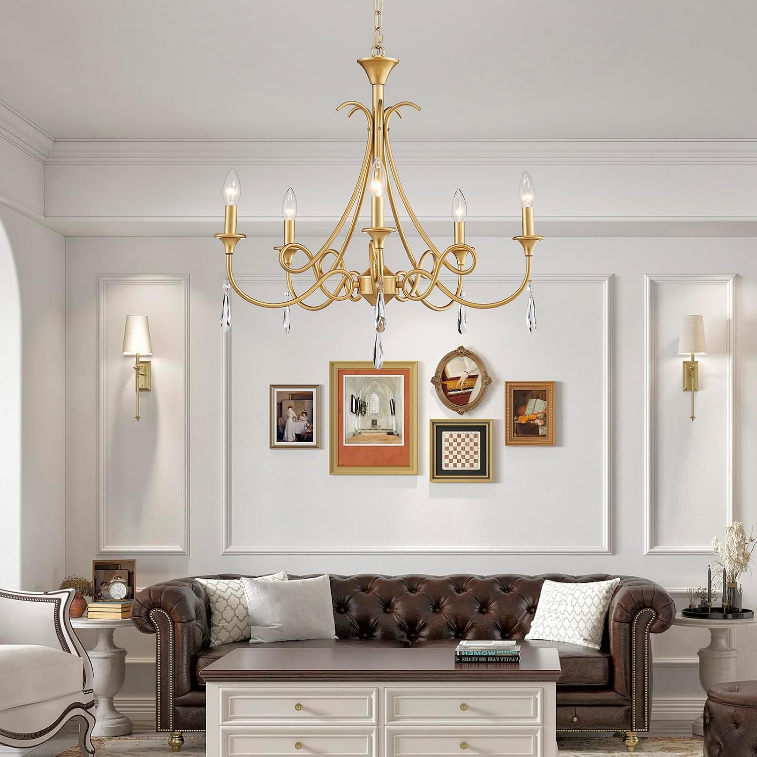 5-Light Farmhouse Chandeliers for Dining Room Lighting Fixtures Hanging, Rustic Gold Candle Modern Chandelier Vintage Hanging Ceiling Lamp for Bedroom Kitchen Island Living Room Entryway Foyer, Gold