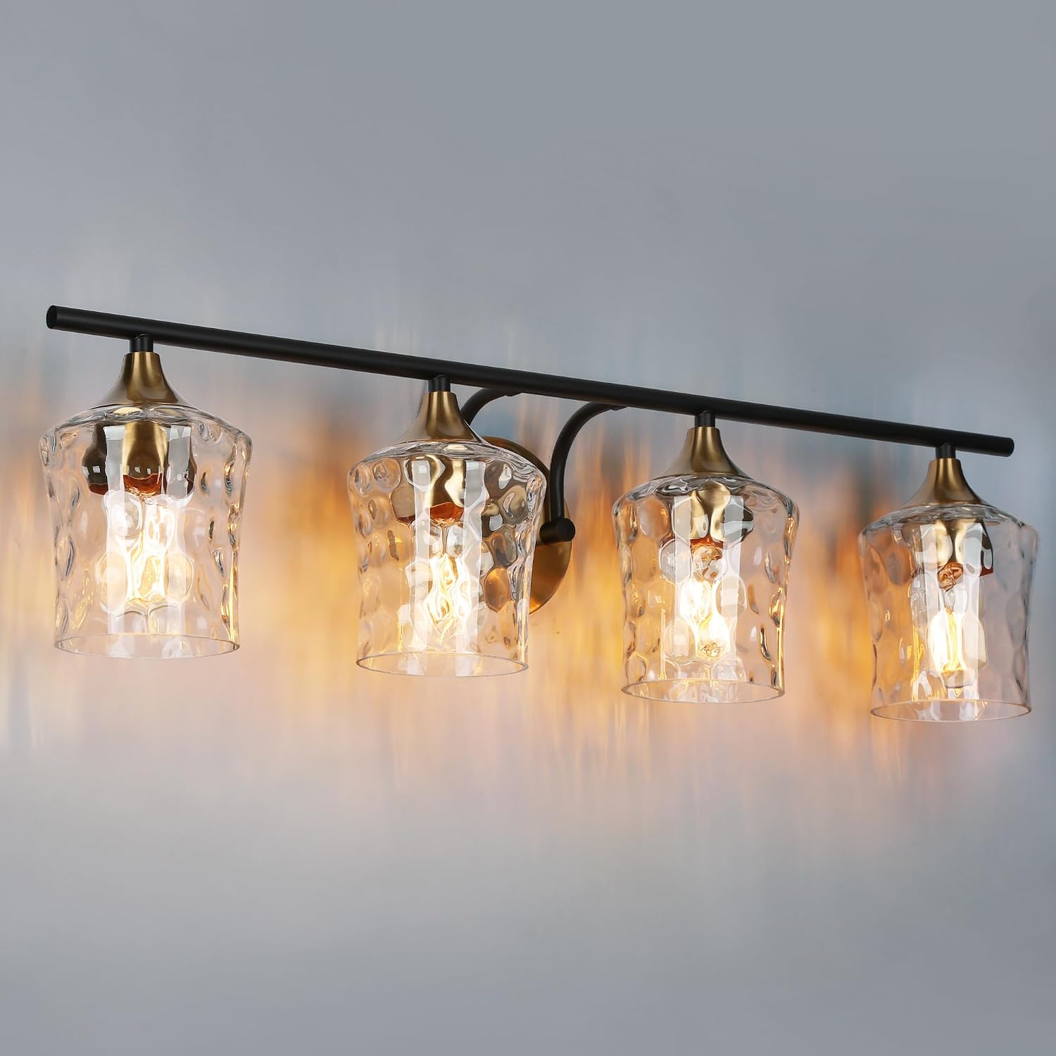 KSANA 28' Large Bathroom Vanity Lights, 4 Light Mid-Century Modern Vanity Light with Textured Glass Shade Black and Electroplated Brass Bathroom Light Fixtures for Hallway, Entryway