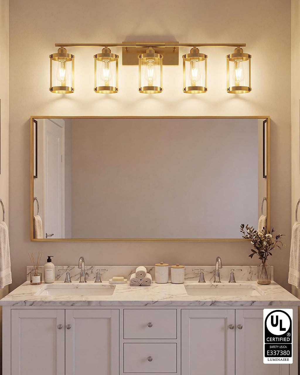 5-Light Brushed Gold Bathroom Light Fixtures Over Mirror with Clear Glass and Metal Cage Shade, 38' UL-Listed Modern Farmhouse Wall Sconce for Bath, Hardwire E26, OS-3014BG-5W