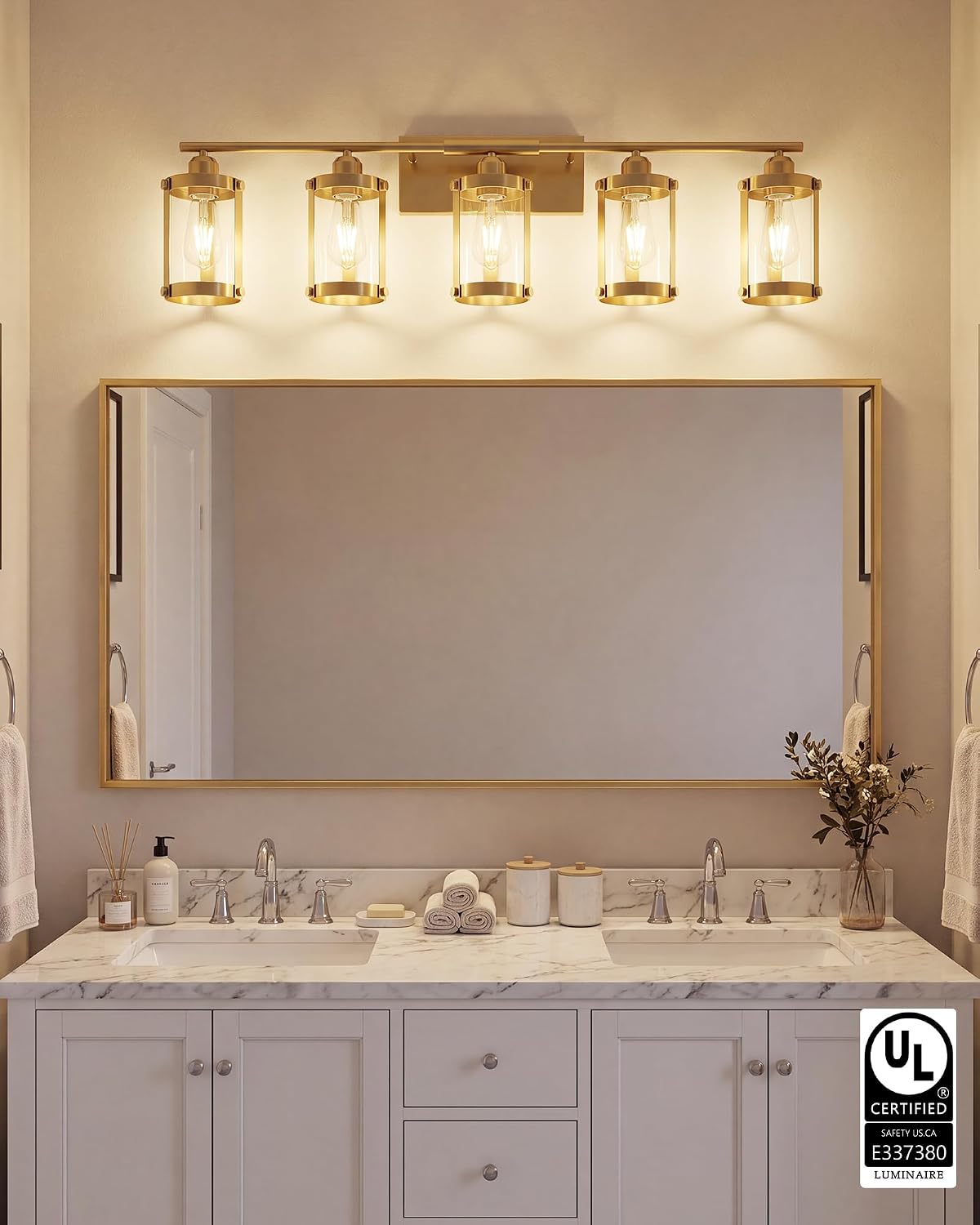 5-Light Brushed Gold Bathroom Light Fixtures Over Mirror with Clear Glass and Metal Cage Shade, 38' UL-Listed Modern Farmhouse Wall Sconce for Bath, Hardwire E26, OS-3014BG-5W