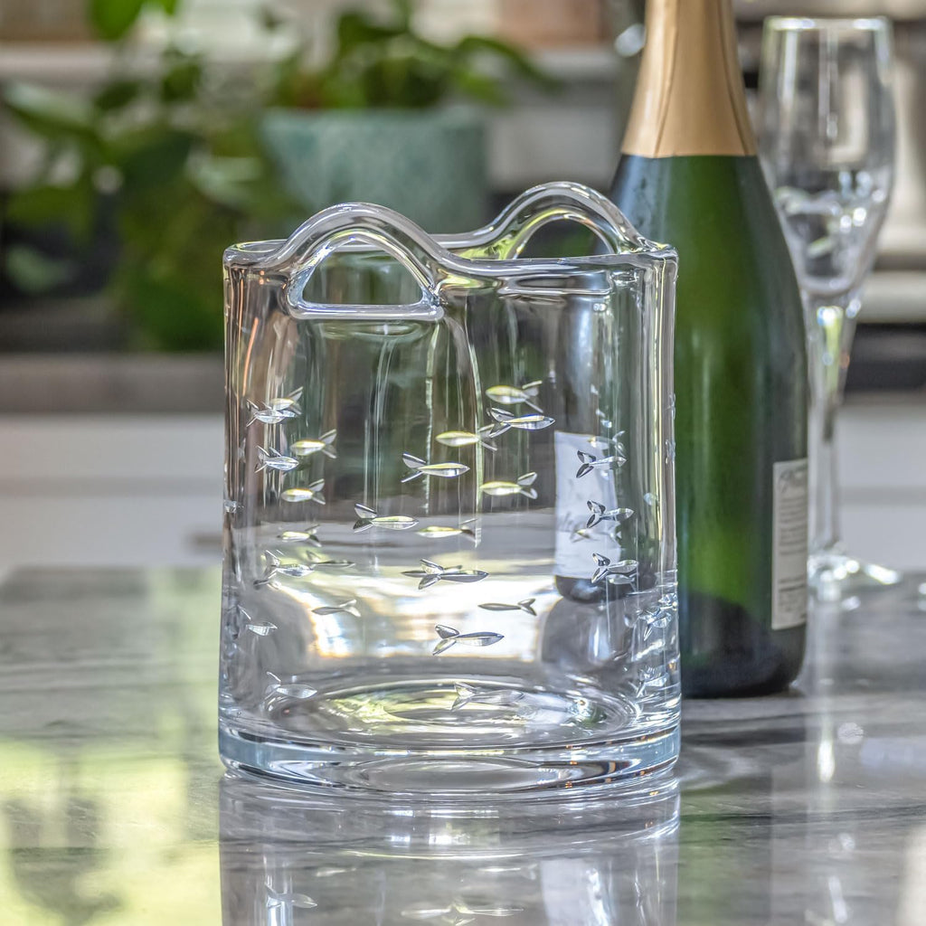 Rolf Glass School of Fish Ice Bucket | Glass Champagne Ice Bucket | Lead-Free and Diamond-Wheel Engraved | Designed and Engraved in the USA | Nautical and Coastal